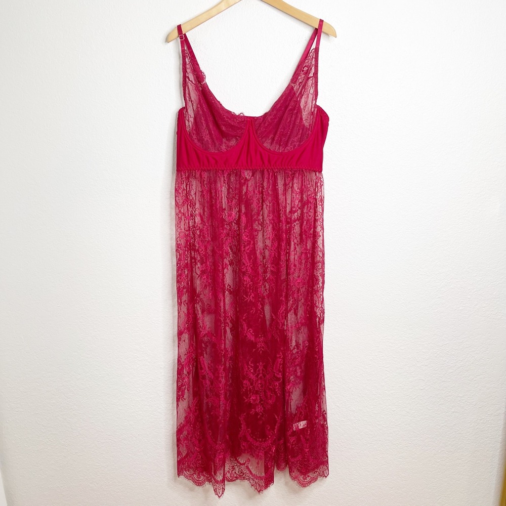 Red Floral Lace Underwire Maxi Chemise‎ Nightgown Plus Size 3X 4X Side Slit